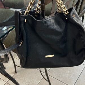 Ron White Black Leather Shoulder Bag with Gold Chain